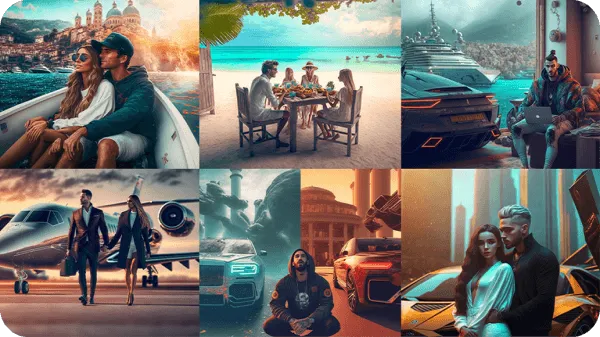 Montage of a luxury lifestyle all over the world with boats, supercars, and private planes